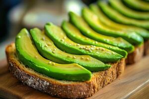 Delicious avocado toast served on fresh whole grain bread garnished with sesame seeds photo