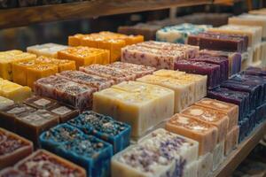 Colorful selection of handmade soaps arranged neatly on wooden shelves in a market setting photo