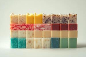 Colorful handmade soap blocks arranged neatly on a white surface for an appealing display photo