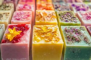 Handmade colorful soap bars lined up at a craft fair showcasing floral and herbal designs photo