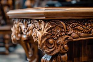 Intricately carved wooden table showcasing detailed floral designs in a furniture workshop photo