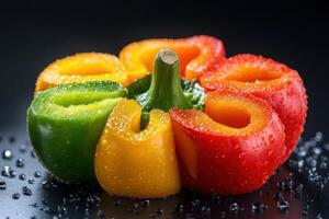 Colorful sliced bell peppers arranged artistically on a dark background with water droplets photo