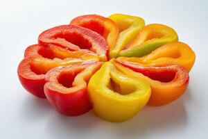 Colorful arrangement of sliced bell peppers on a light background in a circular design photo
