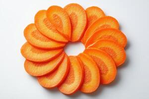 Slices of fresh carrots arranged in a circular pattern on a white background photo