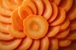 Sliced carrots arranged in a beautiful circular pattern on a wooden surface photo