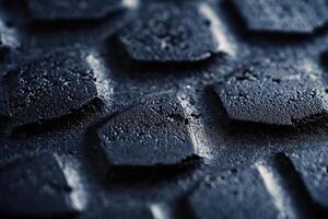 Close-up view of a rubber tire tread pattern showcasing detailed texture and design elements photo