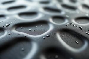 Close-up view of droplets resting on textured black surface in a well-lit environment photo