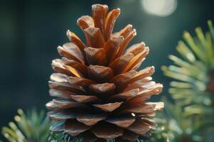 Close-up of a pine cone resting on a green pine branch in natural light during the daytime photo