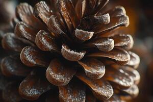 Close-up of a pine cone with frost on its scales in a natural forest setting during winter photo