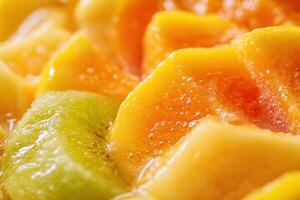 Freshly cut vibrant fruits displayed in an appetizing arrangement on a wooden surface photo