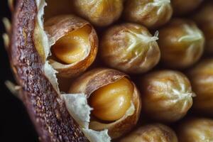 Close-up of open seed pod revealing ripe seeds nestled inside during natural growth process photo
