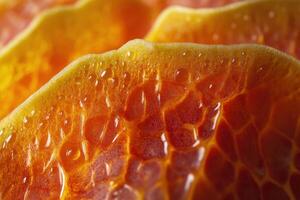 Close-up view of vibrant orange and yellow textured surface with water droplets in natural light photo