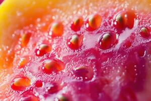 Close-up of vibrant fruit with dew drops glistening under natural light in a colorful setting photo