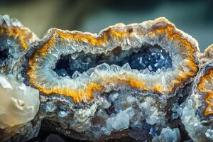 Beautiful close-up of a geode showcasing vibrant crystals and intricate details in natural light photo