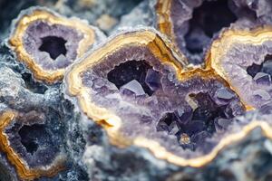 Vibrant purple amethyst geodes revealing intricate crystal formations in natural settings photo
