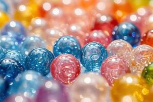 Colorful glass marbles arranged closely on a vibrant surface reflecting bright light photo