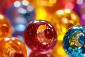 Colorful glass marbles with shimmering surfaces displayed on a reflective background photo