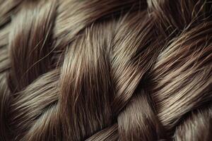 Close-up view of intricately braided brunette hair under soft lighting in a cozy indoor setting photo