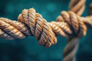 Close-up view of a beautifully tied knot in natural rope against a blurred turquoise background photo