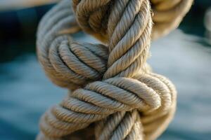 Close-up view of intricate knot tied in natural rope near calm waters in bright daylight photo