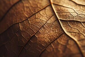Close-up of intricate autumn leaves revealing textured patterns and warm hues in natural light photo