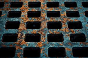 Rusty metallic grate with square openings reflecting the wear of time in an urban setting photo