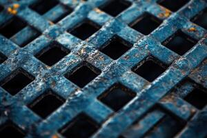Close-up view of a weathered metal grate with a textured surface at an outdoor location photo