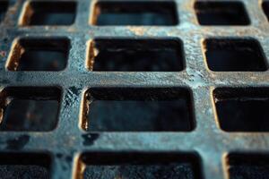Textured metal grate with square openings illuminated by soft light in an urban setting photo