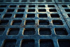 Close-up view of a weathered metal grate with square openings illuminated by natural light photo