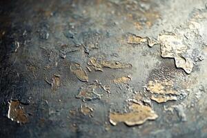 Textured metal surface showing weathered paint peeling in various areas under soft light photo