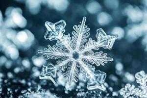 Delicate snowflake captured in macro detail against a blurred, frosty background photo
