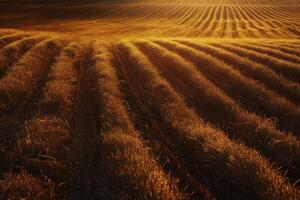 Golden wheat fields stretch under a warm sunset sky in late summer, showcasing nature's bounty photo