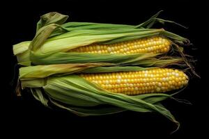 Freshly harvested corn on the cob with husks, showcasing golden kernels and vibrant green leaves photo