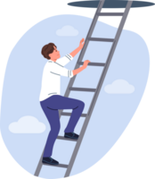 Man climbs career ladder, using ambition to achieve new successes and professional growth. Guy with motivation for career growth, accepts challenge and boldly strives to take top position png