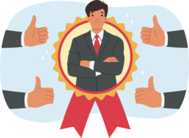 Man became best employee of month, looking out from medal located among fingers up. Guy best employee of month, stands with arms crossed and feels confident or ready for professional challenges. png