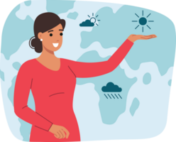 Woman presenting weather forecast points with hand at map with symbols of climate and predicted precipitation. Weather forecast from positive girl announcing approach of cyclone or anticyclone png
