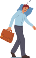 Tired business man sleeps on move, putting head on pillow and closing eyes due to extreme exhaustion. Tired manager needs rest to prevent burnout and exhaustion after difficult day at work. png