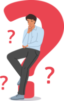 Man looking for answer to question and is considering options for solving problems that have arisen. Question marks around guy in need of help due to troubles caused by financial crisis png