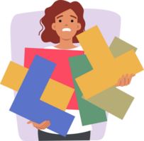 Disoriented woman holding puzzle pieces, experiencing problems due to lack of task management skills. Disoriented unhappy girl needs planning to get rid of chaos in personal affairs png