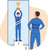 Man visualizes victory by standing in front of mirror and imagining leader gold cup. Guy dreams of receiving award and achieving leader position in sports, thanks to motivation and ambition png
