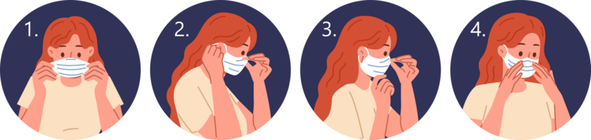 Instructions for wearing medical mask, with step-by-step plan to avoid infection with flu that can cause death. Woman puts on medical mask to prevent spread of pandemic virus among people. png
