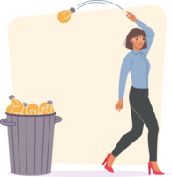 Business woman gives up on idea, throwing light bulbs in trash due to lack of ambition. Businesslady does not see prospects in idea that has appeared and refuses desire for progress png