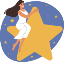 Happy woman sitting on big star flying in night sky or space during fantasy dream. Space adventures of positive young girl in sleepwear enjoying dreaming and traveling through universe png