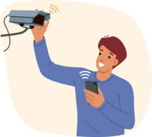 Man installs security camera on wall and uses mobile phone with wifi to monitor CCTV equipment. Happy guy with CCTV camera helping to secure house from illegal entry of thieves and criminals png