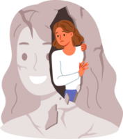 Woman with psychological problems looks out of own destroyed image and needs psychotherapy session. Sad girl suffers from psychological disorder and apathy due to lack of motivation png