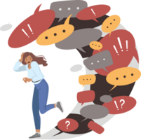 Information overload causes panic in woman fleeing wave of dialogue bubbles and conversation clouds. Girl is trying to use information detox and temporary refusal to receive correspondence png