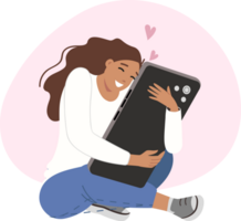 Teenage girl is experiencing addiction from social networks and using smartphone, sitting on floor hugging large phone. Problem of digital addiction and devoting all free time to internet surfing png