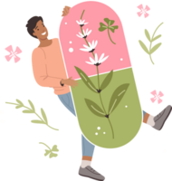 Man holds organic pill made from natural herbs using alternative medicine and homeopathy. Guy is interested in producing dietary supplements to improve immunity and alternative medicine png