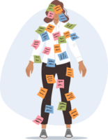 Importance of multitasking causes stress for business woman, with stickers on face and body. Girl office worker needs increased productivity and multitasking skills for career growth png