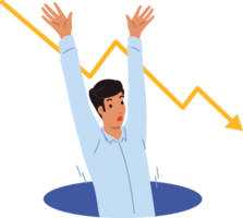 Man falls into crisis pit and raises hands up calling for help to avoid bankruptcy. Crisis graph near guy who was fired from job and suffering professional failures on way to success png